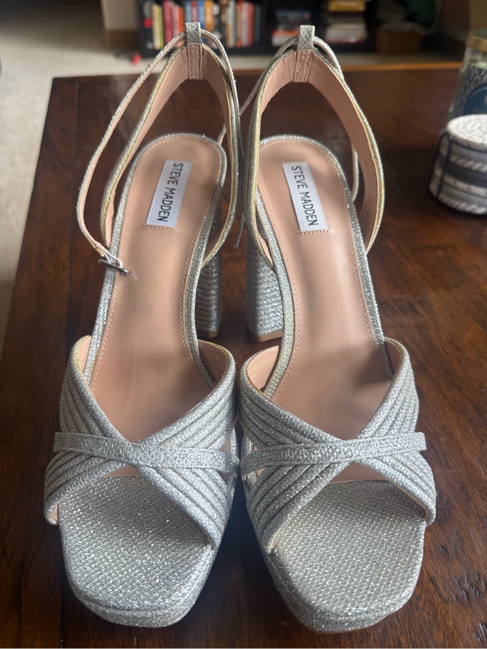 Steve Madden Metallic Silver Glitter Platform Heels